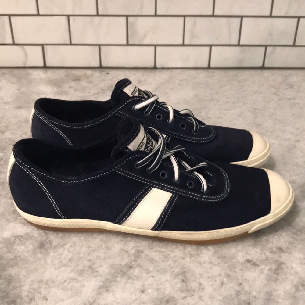 Vintage Polo Ralph Lauren Sport Sneakers Mens 7.5 Navy Blue White Leather Retro